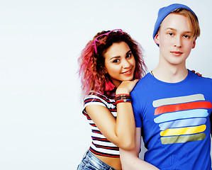 Image showing best friends teenage girl and boy together having fun, posing emotional on white background, couple happy smiling, lifestyle people concept, blond and brunette multi nations 