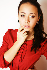 Image showing young pretty brunette woman smiling happy on white background, l