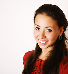 Image showing young pretty brunette woman smiling happy on white background, l