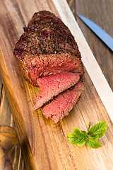 Image showing Beef Top Sirloin Steak Roast Sliced Coooked Medium Rare 