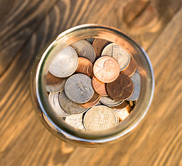 Image showing American Dollar Currency Coins in Jar Pennies Nickels Quarters D