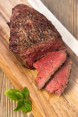 Image showing Beef Top Sirloin Steak Roast Sliced Coooked Medium Rare