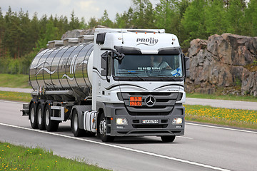 Image showing White Mercedes-Benz Actros Semi Tanker ADR Transport at Summer