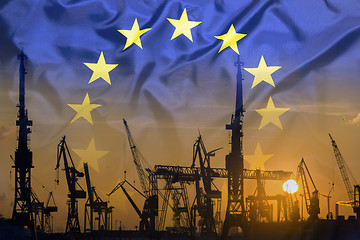 Image showing Industrial concept with European Union flag at sunset