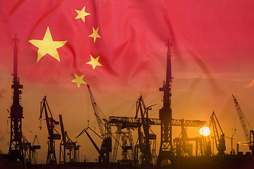 Image showing Industrial concept with China flag at sunset