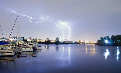 Image showing Thea Foss Waterway Tacoma Washington Lightning Strike Thundersto
