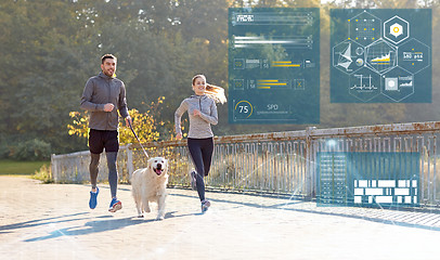 Image showing happy couple with dog running outdoors