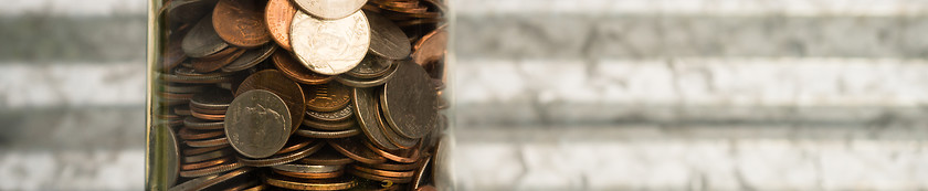 Image showing American Dollar Currency Coins in Jar Pennies Nickels Quarters D