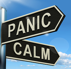 Image showing Panic Or Calm Signpost Showing Chaos Relaxation And Rest