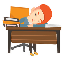 Image showing Female student sleeping at the desk with book.