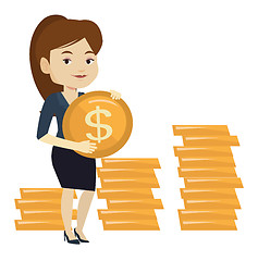 Image showing Successful business woman with dollar coin.