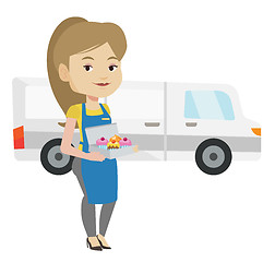 Image showing Baker delivering cakes vector illustration.