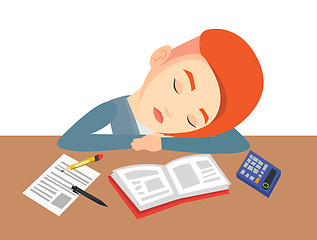 Image showing Female student sleeping at the desk with book.