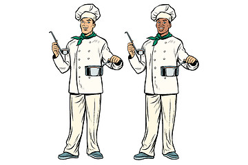 Image showing Caucasian and African chef with ladle and cooking pot