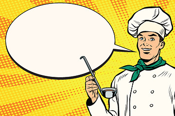 Image showing Caucasian chef with ladle for cooking, comic bubble