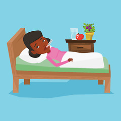 Image showing Sick woman with thermometer laying in bed.