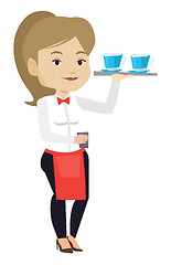 Image showing Waitress holding tray with cups of coffeee or tea.