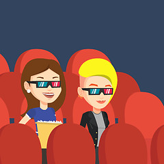 Image showing Happy friends watching 3D movie in the theatre.