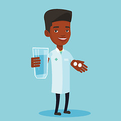 Image showing Pharmacist giving pills and glass of water.