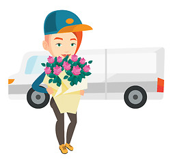 Image showing Delivery courier holding bouquet of flowers.