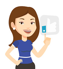 Image showing Woman pressing like button vector illustration.