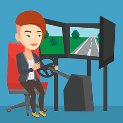 Image showing Woman playing video game with gaming wheel.