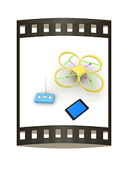 Image showing Drone, remote controller and tablet PC. The film strip