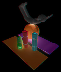 Image showing 3d man on a karemat with fitness ball. 3D illustration. Anaglyph