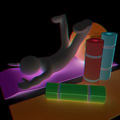 Image showing 3d man on a karemat with fitness ball. 3D illustration. Anaglyph