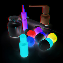 Image showing Syringe, tablet, pill jar. 3D illustration. Anaglyph. View with 