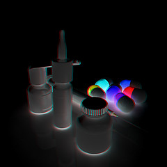 Image showing Syringe, tablet, pill jar. 3D illustration. Anaglyph. View with 