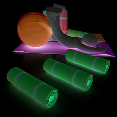 Image showing 3d man on a karemat with fitness ball. 3D illustration. Anaglyph