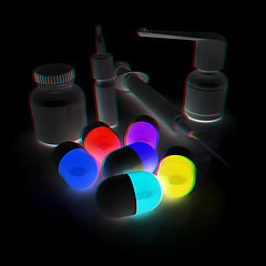 Image showing Syringe, tablet, pill jar. 3D illustration. Anaglyph. View with 