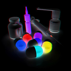 Image showing Syringe, tablet, pill jar. 3D illustration. Anaglyph. View with 