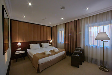 Image showing Interior of a hotel bedroom