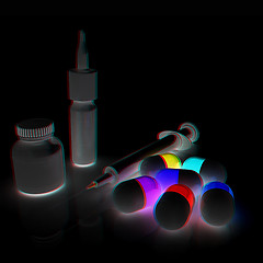 Image showing Syringe, tablet, pill jar. 3D illustration. Anaglyph. View with 