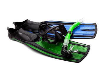 Image showing Mask, snorkel and flippers of different colors