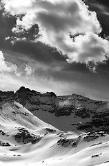 Image showing Black and white view on snow mountains in evening