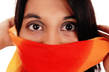 Image showing Closeup of woman's eyes, mouth covered.