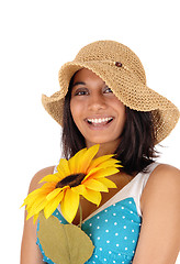 Image showing Happy smiling woman with sunflower.