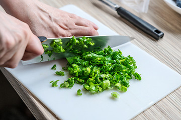 Image showing Female hands chopping green onions 