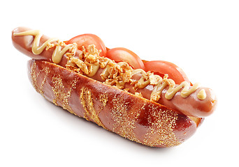 Image showing fresh hotdog with mustard and tomato