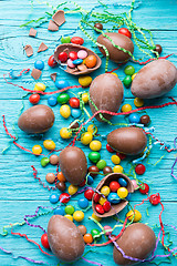 Image showing Candy, eggs from chocolate, ribbons