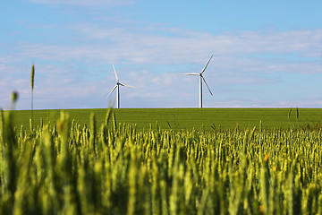 Image showing landscape with windmills for green electric power 