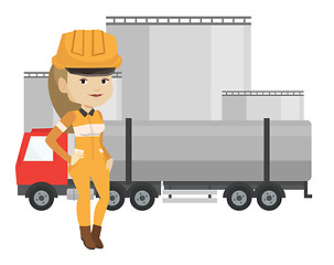 Image showing Worker on background of fuel truck and oil plant.