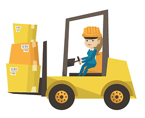 Image showing Warehouse worker moving load by forklift truck.