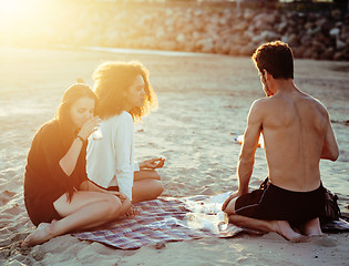 Image showing pretty diverse nation and age friends on sea coast having fun, lifestyle people concept on beach vacations 