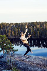 Image showing middle age man doing sport yoga on the top of the mountain, lifestyle people outdoor, summer wild nature for training