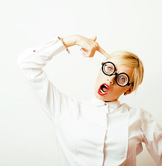 Image showing bookworm, cute young blond woman in glasses, blond hair, teenage