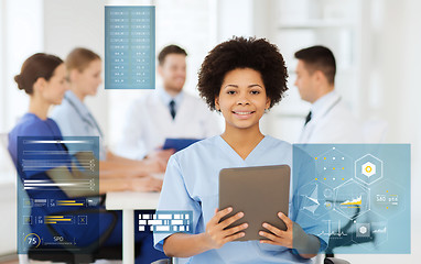 Image showing happy doctor with tablet pc over team at clinic